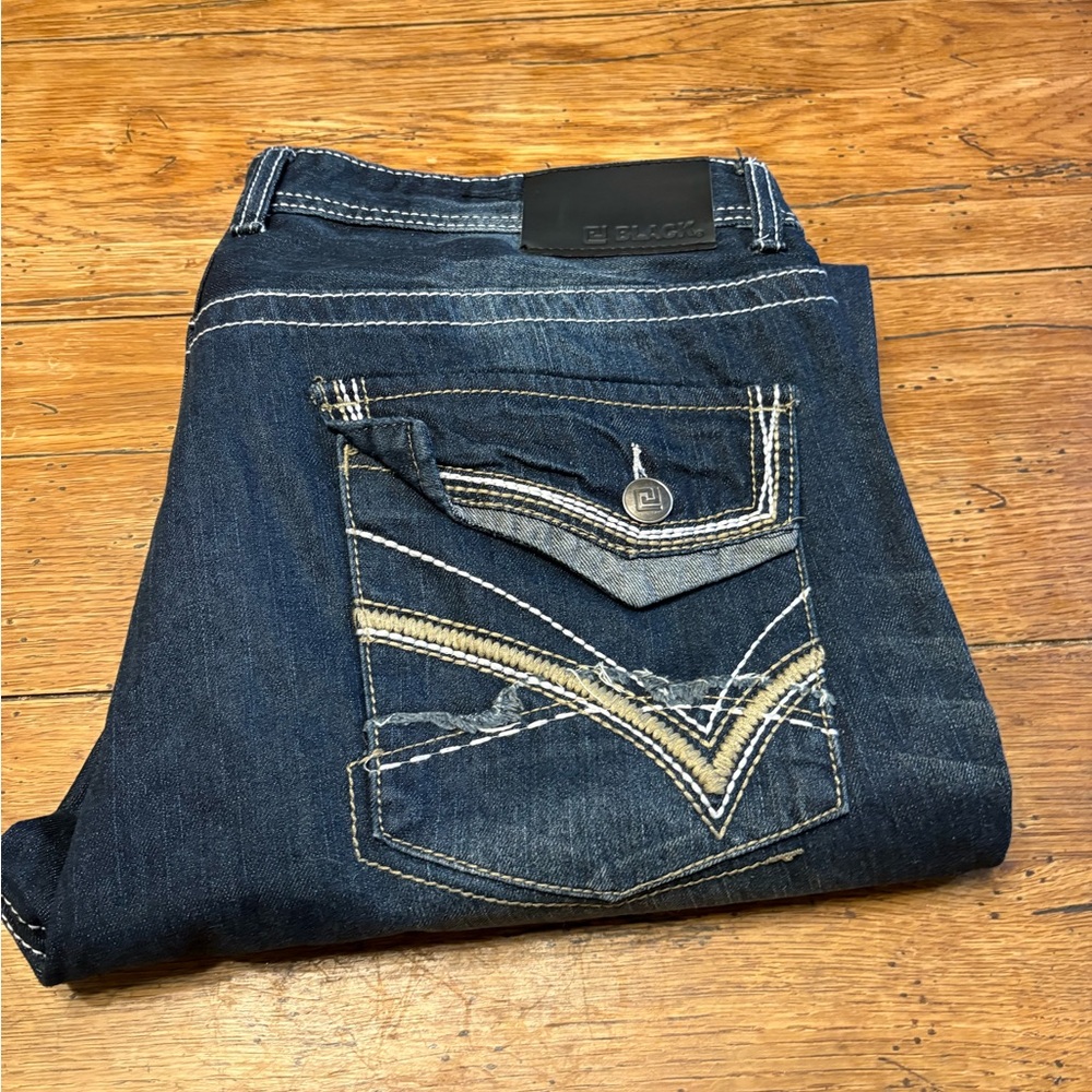 NWOT- Y2K Black Label Embroidered Dark Denim Low Rise/Boot Jeans 38x32